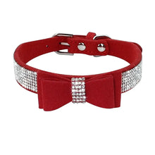 Load image into Gallery viewer, Red leather pet collar with bowknot and rhinestones, adjustable for puppies and cats.
