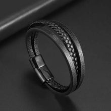 Cargar imagen en el visor de la galería, Classic hand woven multi-layered vegan leather bracelet, men&#39;s accessory, sophisticated style, black, imported, elegant design.
