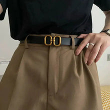 Cargar imagen en el visor de la galería, Elegant leather designer belt for women accentuating a waist with a gold buckle, showcasing luxury and sophistication.
