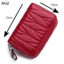 Load image into Gallery viewer, Red leather RFID female travel purse with zip closure, measuring 11cm by 7.5cm, ideal for organizing travel essentials.
