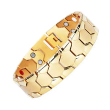 Load image into Gallery viewer, Gold magnetic therapy bracelet with hexagonal design for energy and well-being enhancement.
