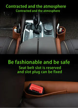 Load image into Gallery viewer, Car interior with vegan leather car seat gap filler in place, showing reserved seat belt slot and fixable slot plug.
