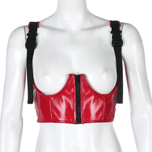 Load image into Gallery viewer, Red Gothic Punk PU leather crop top with buckles and zippers for a bold, edgy style.
