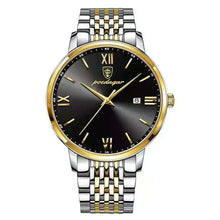 Load image into Gallery viewer, Men&#39;s stainless steel watch with black dial, gold accents, and Roman numerals, offering a sleek and sophisticated design.
