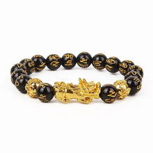 Load image into Gallery viewer, Feng Shui Wealth Bracelet with black beads and gold Pixiu charm for prosperity and luck
