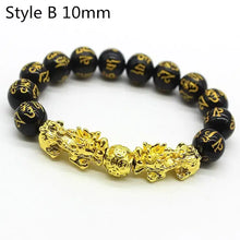 Load image into Gallery viewer, Feng Shui wealth bracelet with black beads and gold Pixiu charm, Style B, 10mm, designed to attract prosperity and luck.

