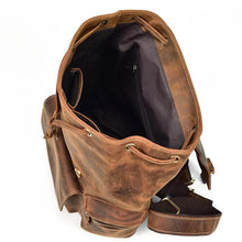 Load image into Gallery viewer, Open view of The Hagen Backpack | Vintage Leather Backpack with spacious interior, showcasing genuine cowhide leather and durable design.

