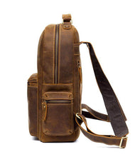 Load image into Gallery viewer, The Langley Backpack | Genuine Vintage Leather Backpack side view showcasing pockets and durable leather craftsmanship.
