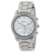 Load image into Gallery viewer, Luxury Women&#39;s Geneva Watch with silver band and crystal-studded bezel, showcasing elegant and precise timekeeping design.
