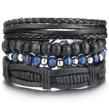 Load image into Gallery viewer, Multilayer leather bracelet with beads, featuring black and blue colors, ideal for stylish and rugged looks.
