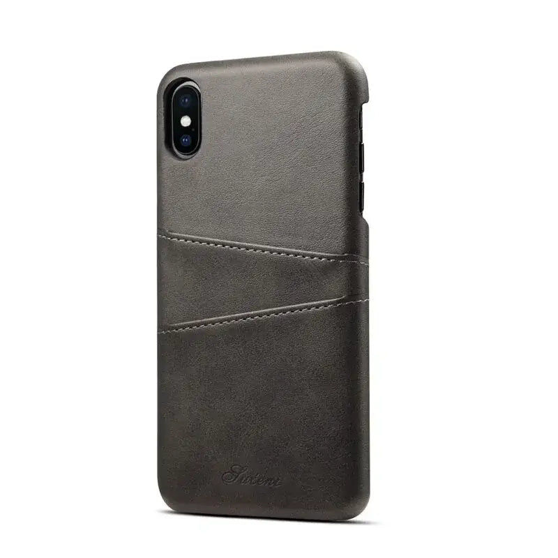 Luxury vegan leather phone back cover with built-in card pocket, sleek matte finish and half-wrapped design, elegant and practical.