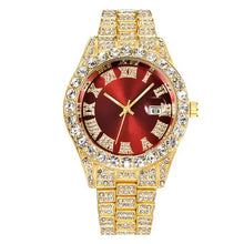Cargar imagen en el visor de la galería, Luxurious gold diamond Roman wrist watch with a red face and encrusted bezel, symbolizing elegance and sophistication.
