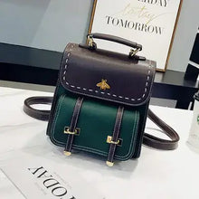 Load image into Gallery viewer, Vintage paneled PU leather women&#39;s backpack in brown and green, featuring a stylish bee motif, perfect for fashion-forward explorers.
