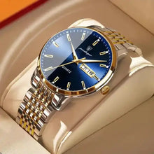 Load image into Gallery viewer, Men&#39;s stainless steel watch with blue dial, gold accents, and date display, showcasing sophisticated design and craftsmanship.
