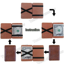 Load image into Gallery viewer, Instruction guide for a minimalist vegan leather magic wallet with multiple compartments for organizing cash and cards.
