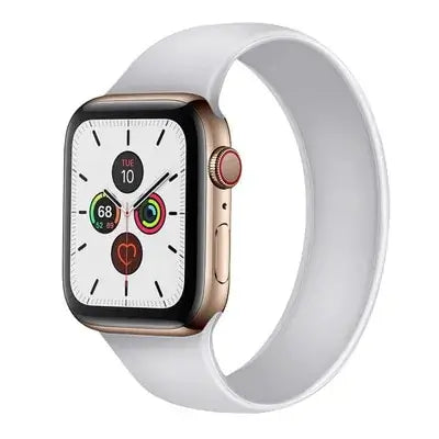 Apple Watch 5 with a white band, showcasing a sleek design and comfortable fit for an enhanced wearable experience.