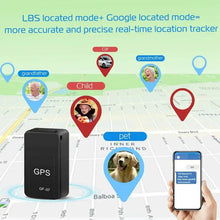 Load image into Gallery viewer, GF-07 GPS Car Tracker with real-time location tracking features for car, child, pet, and elderly, showcased on a digital map.
