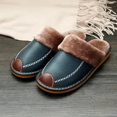 Men's vegan leather slippers with plush lining and durable sole on wooden floor