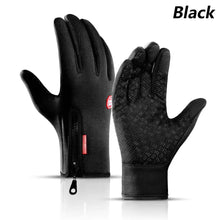 Cargar imagen en el visor de la galería, Black waterproof winter gloves with touchscreen capability, featuring a zipper for a snug fit.
