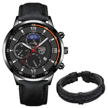 Load image into Gallery viewer, Men&#39;s casual leather watch with classic black design and modern functionality, paired with an elegant black braided bracelet.
