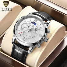 Load image into Gallery viewer, Luxury LIGE men&#39;s watch with leather strap, featuring a full functional chronograph and multiple sub-dials, elegant design for 2023.

