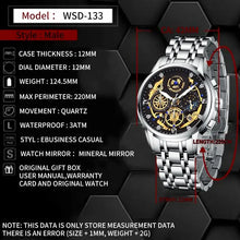 Load image into Gallery viewer, Men&#39;s stainless steel watch with 42mm dial, quartz movement, and 3ATM waterproof feature, displayed on a hexagonal textured background.
