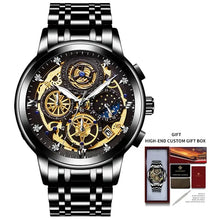 Load image into Gallery viewer, Men&#39;s stainless steel watch with intricate black and gold gears, 42mm dial, 12mm slim case, shown with custom high-end gift box.
