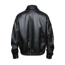 Load image into Gallery viewer, Rear view of REED Men&#39;s American Style Bomber Genuine Leather Jacket, showcasing sleek black leather and classic design.
