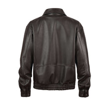 Load image into Gallery viewer, Back view of REED Men&#39;s American Style Bomber Genuine Leather Jacket showcasing sleek design and luxurious feel.
