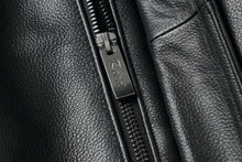 Load image into Gallery viewer, Close-up of zipper on REED Men&#39;s American Style Bomber Genuine Leather Jacket showing texture and quality.
