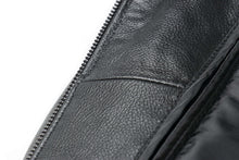 Load image into Gallery viewer, Close-up of REED Men&#39;s bomber jacket showing genuine leather texture and sleek design.
