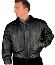 A man wearing a black REED genuine leather bomber jacket.