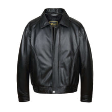 Load image into Gallery viewer, REED Men&#39;s American Style Bomber Genuine Leather Jacket, classic bomber design, imported, sleek black leather, luxurious feel.
