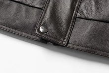 Load image into Gallery viewer, Close-up of REED Men&#39;s American Style Bomber Genuine Leather Jacket showcasing luxurious material and stitching detail.
