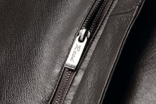 Load image into Gallery viewer, Close-up of zipper on REED Men&#39;s American Style Bomber Leather Jacket highlighting genuine leather texture and craftsmanship
