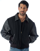 Load image into Gallery viewer, REED Men&#39;s Executive Varsity Jacket with cowhide leather sleeves and wool body, union-made in the USA, worn by a model.
