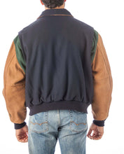 Load image into Gallery viewer, Back view of REED Men&#39;s Premium Leather Letterman Varsity Jacket in blue, made in the USA, showcasing quality craftsmanship.
