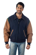 Load image into Gallery viewer, REED Men&#39;s blue leather letterman varsity jacket, USA-made, showcasing sophisticated design and premium quality for stylish gentlemen.
