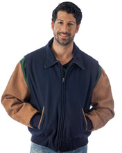 Load image into Gallery viewer, REED Men&#39;s Blue Leather Letterman Varsity Jacket, premium quality, handcrafted in USA, stylish and sophisticated outerwear.
