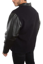Load image into Gallery viewer, Back of leather sleeves and wool body jacket
