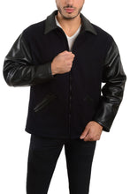 Load image into Gallery viewer, Leather sleeves and wool body zipped up jacket

