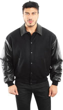 Load image into Gallery viewer, REED Men&#39;s Premium Varsity Jacket in leather and wool, black, made in USA, featuring quilted lining and inside pocket.
