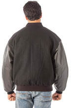 Load image into Gallery viewer, REED Men&#39;s Varsity Leather/Wool Jacket, classic black design, made in USA, premium quality, back view
