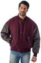 Load image into Gallery viewer, REED Men&#39;s Varsity Jacket in maroon and leather, crafted in the USA, stylish and warm for versatile wear.
