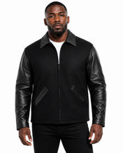 Charger l'image dans la galerie, Leather sleeves and wool body zipped up jacket

