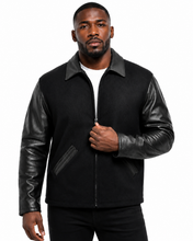 Charger l'image dans la galerie, Leather sleeves and wool body zipped up jacket made in usa
