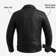 Load image into Gallery viewer, Black leather jacket with features labeled on a gray background
