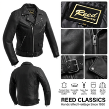 Load image into Gallery viewer, Black leather jacket with detailed views and Reed Classics branding.
