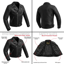 Load image into Gallery viewer, Black leather motorcycle jacket with features highlighted on a white background
