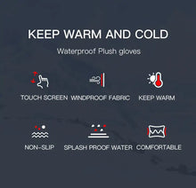 Load image into Gallery viewer, Infographic showcasing features of waterproof plush gloves: touchscreen, windproof, keeps warm, non-slip, splashproof, comfortable.
